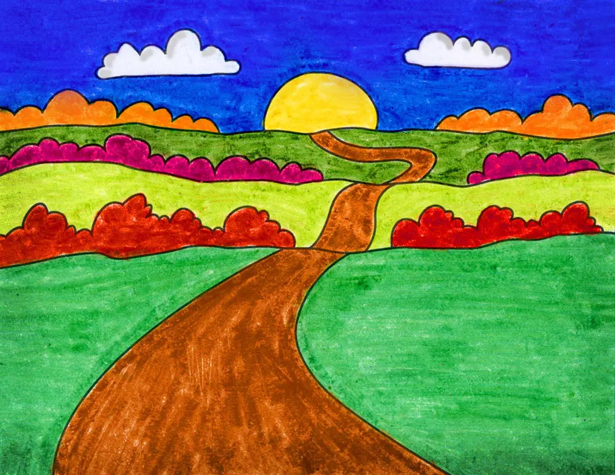 Easy How to Draw a Sunset Tutorial and Sunset Coloring Page