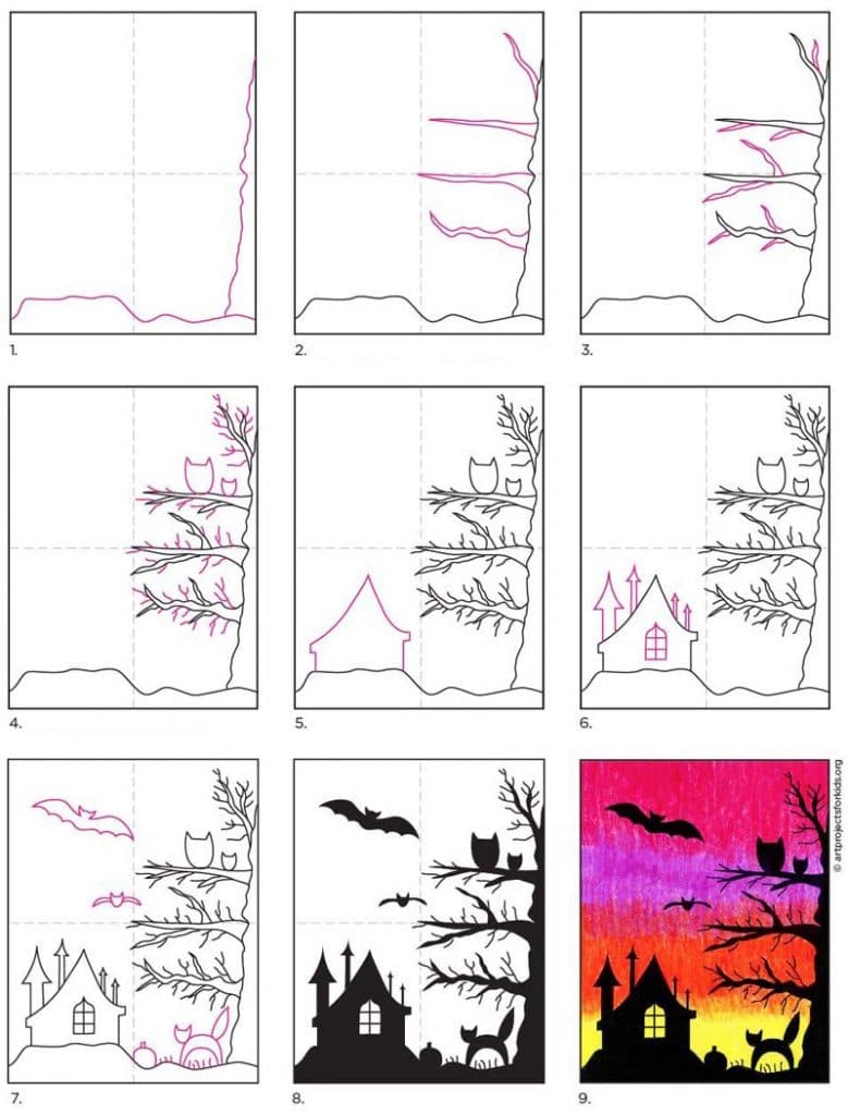 A step by step tutorial for how to draw a Halloween Sunset, also available as a free printable.