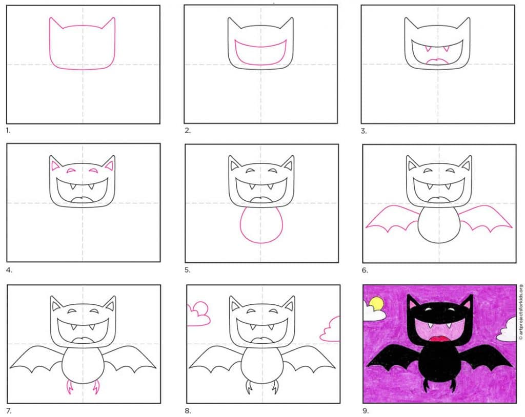 Un tutorial paso a paso sobre cómo dibujar un Murciélago Vampiro de dibujos animados fácil, también disponible como descarga gratuita.