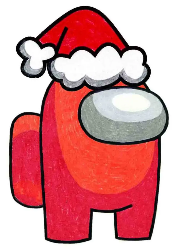 A drawing of an Among Us Santa, made with the help of an easy step by step tutorial.