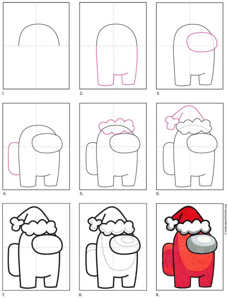 A step by step tutorial for how to draw an easy Among Us Santa, also available as a free download.