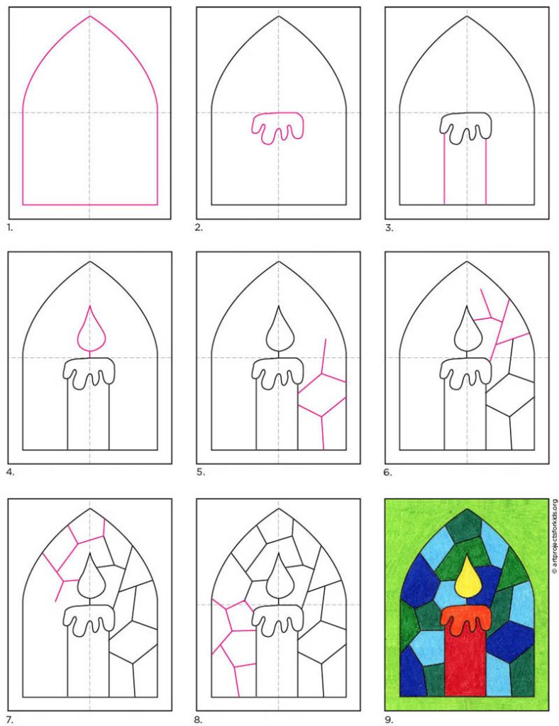 A step by step tutorial for how to draw a candle, also available as a free printable.