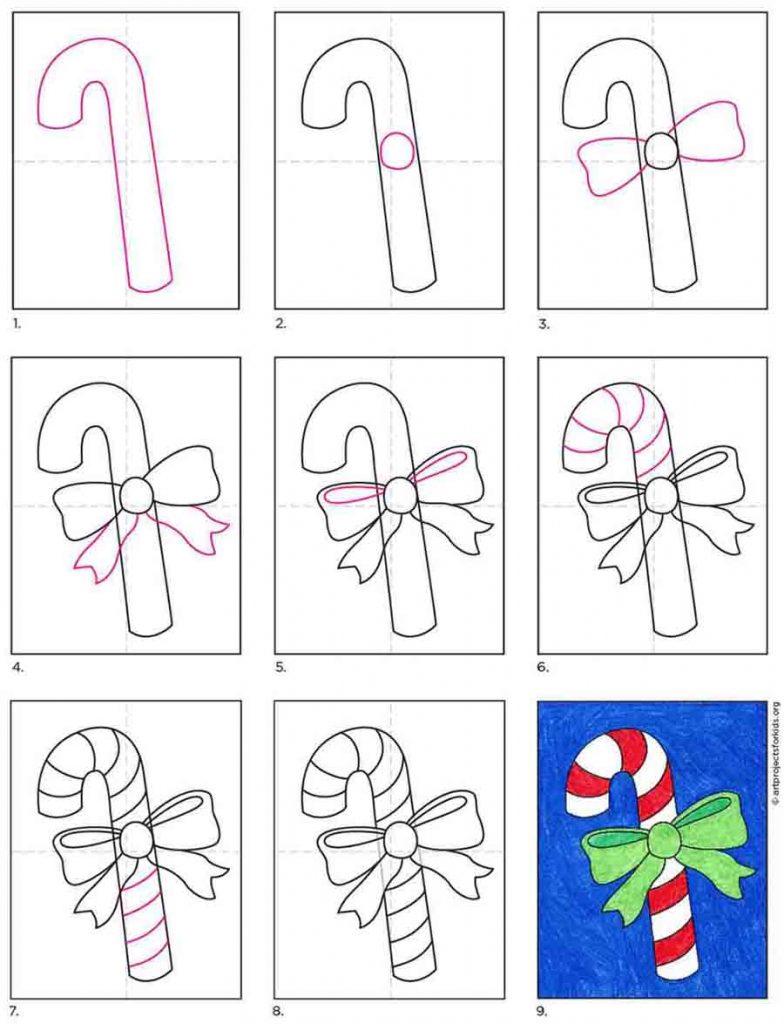 Easy How to Draw a Candy Cane Tutorial and Candy Cane Coloring Page