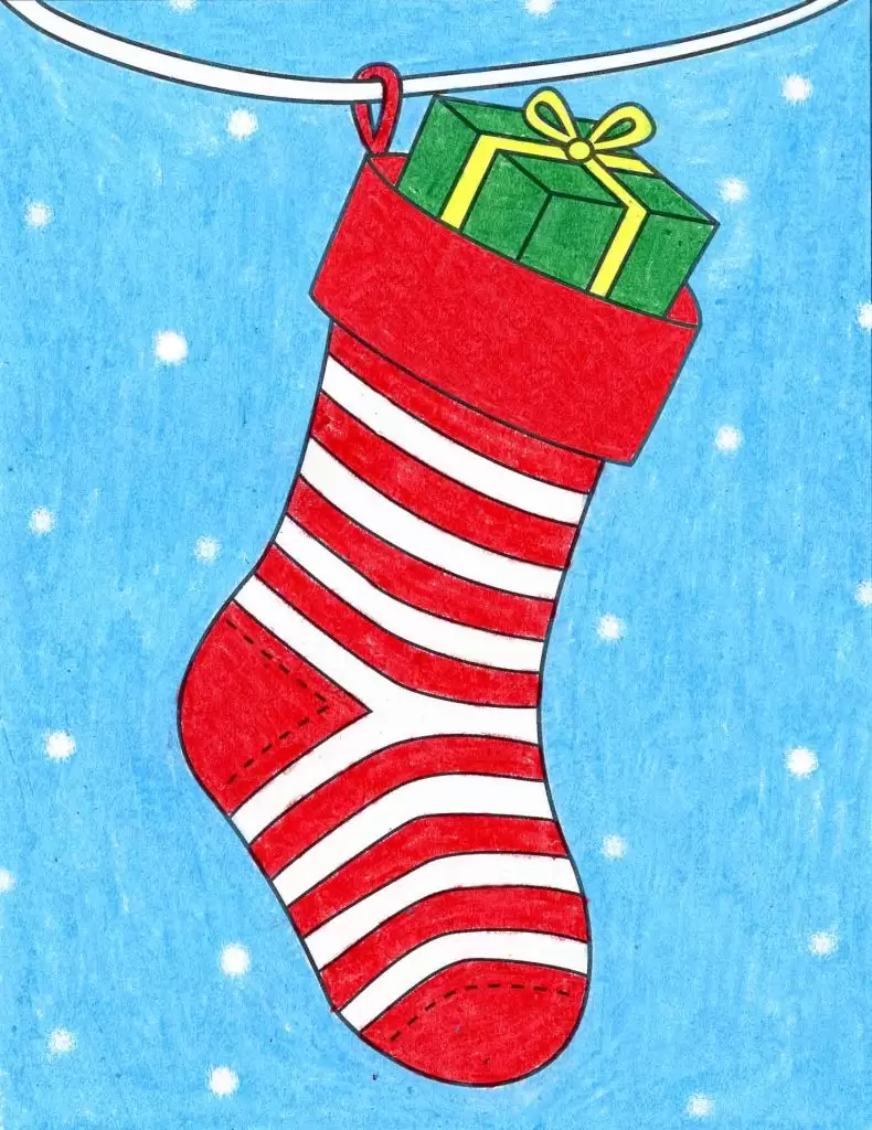 A drawing of a stocking, made with the help of an easy step by step tutorial.