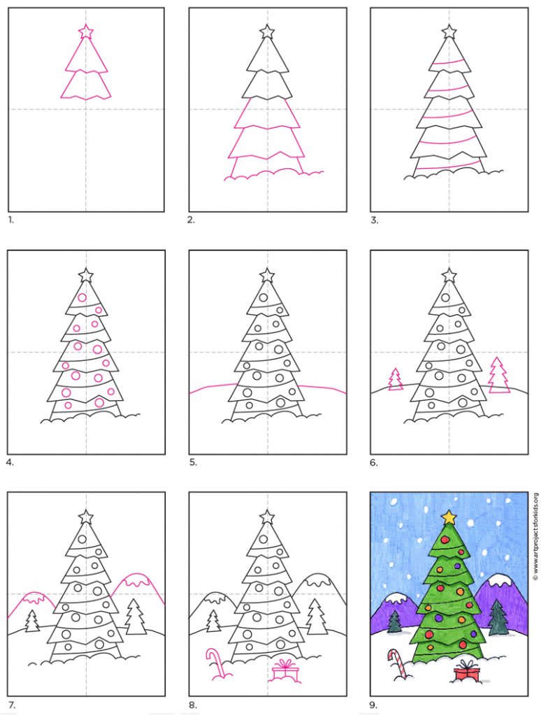 Featured image of post Tree Step Christmas Tree Drawing For Kids : Repeat the step 1, 2 and 3 to draw the second layer of the christmas tree, bigger than the first one.