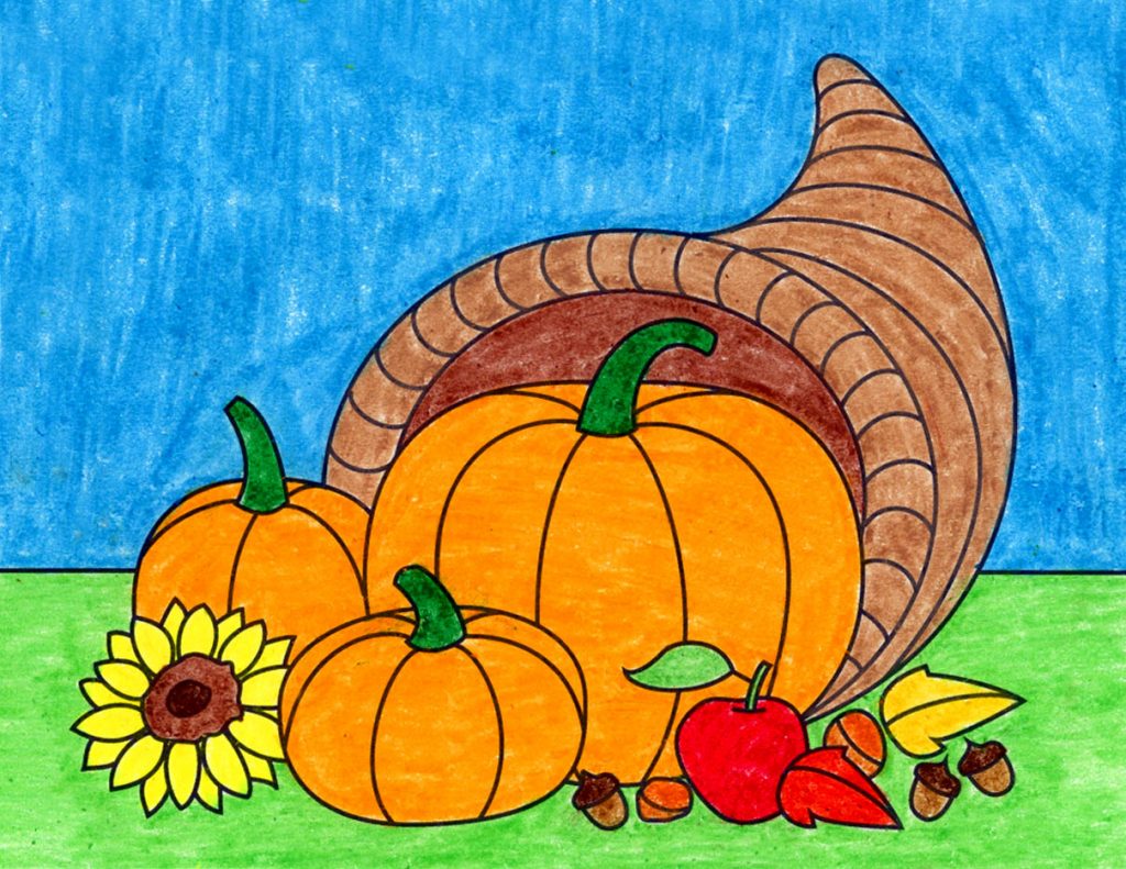 Easy How to Draw a Cornucopia Tutorial and Cornucopia Coloring Page