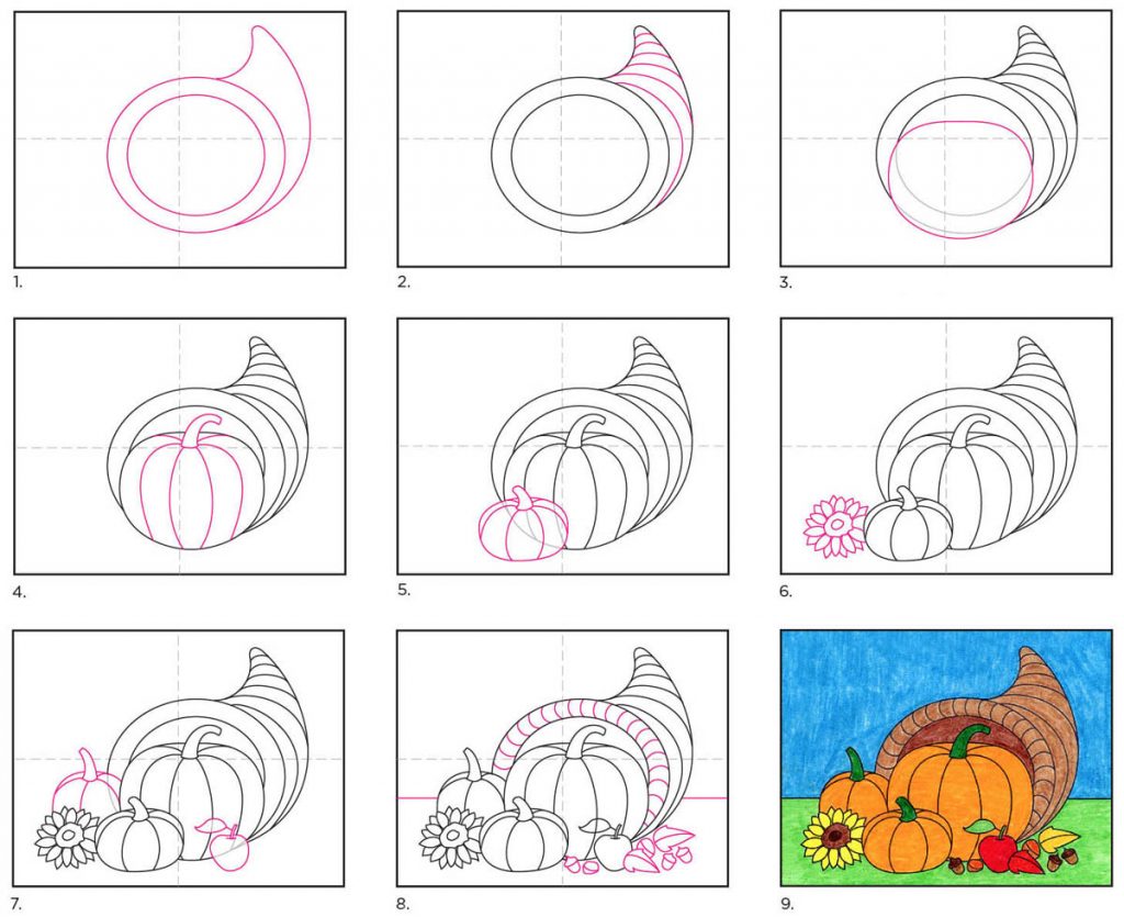 A step by step tutorial for how to draw an easy Cornucopia, also available as a free download.