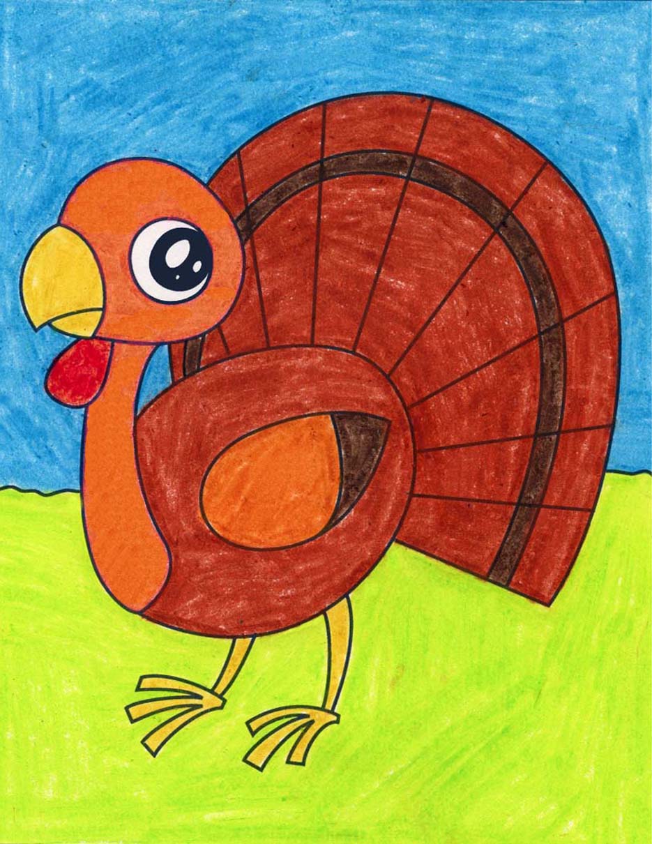 Easy How to Draw a Cute Turkey Tutorial & Turkey Coloring Page