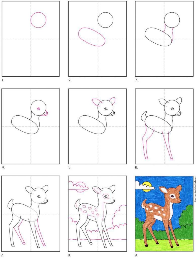 A step by step tutorial for how to draw an easy Deer, also available as a free download.