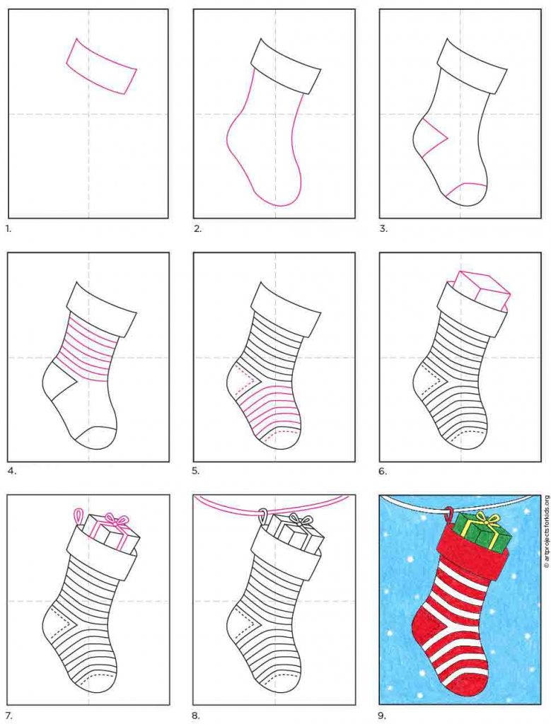 A step by step tutorial for how to draw an easy Christmas Stocking, also available as a free printable.