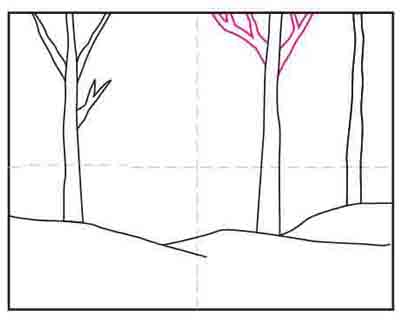 Easy How to Draw a Winter Landscape Tutorial and Coloring Page