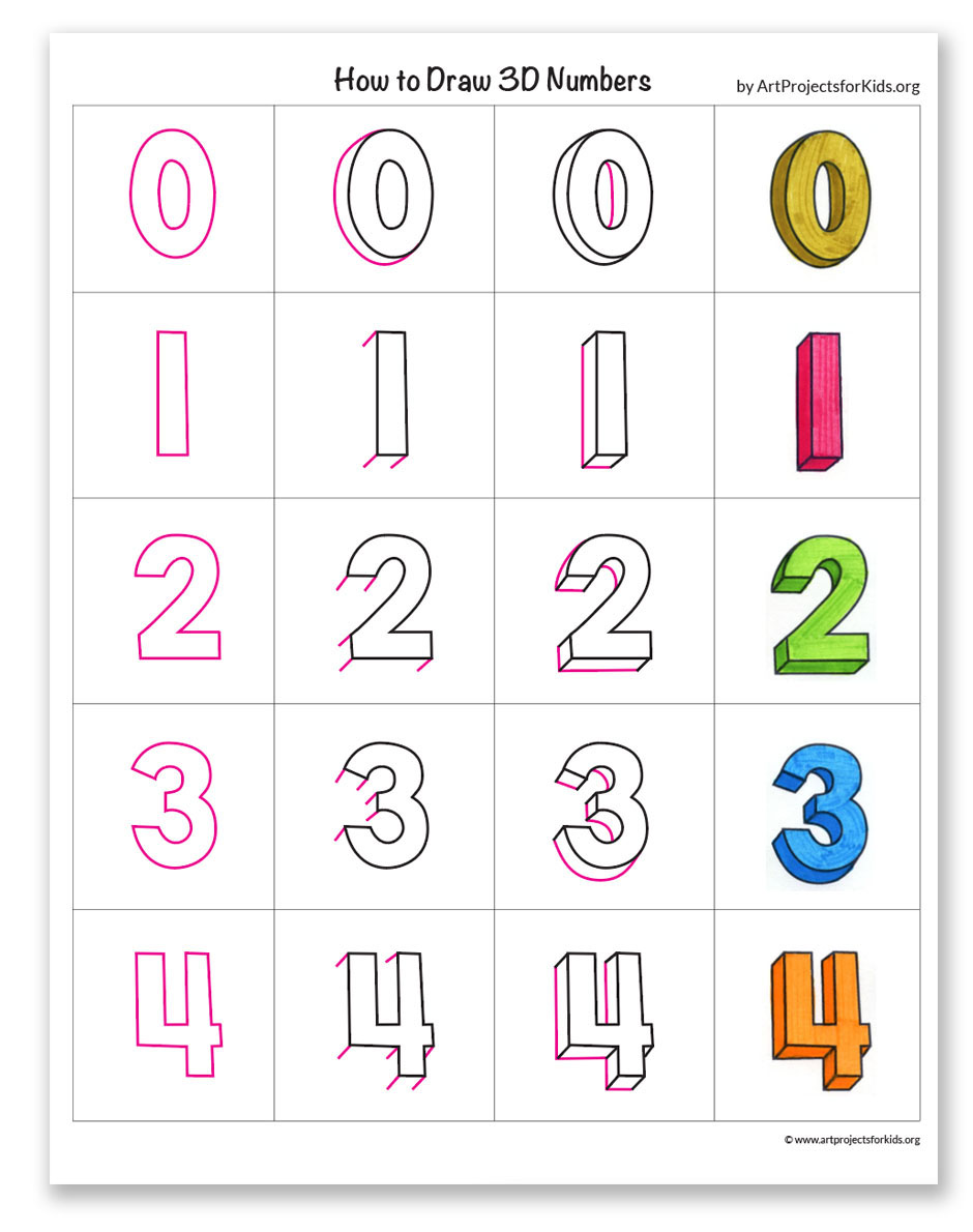 Easy How to Draw 3D Numbers Tutorial and 3D Numbers Coloring Page