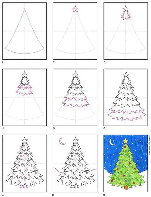 A step by step tutorial for how to draw an easy Christmas Tree, also available as a free download.