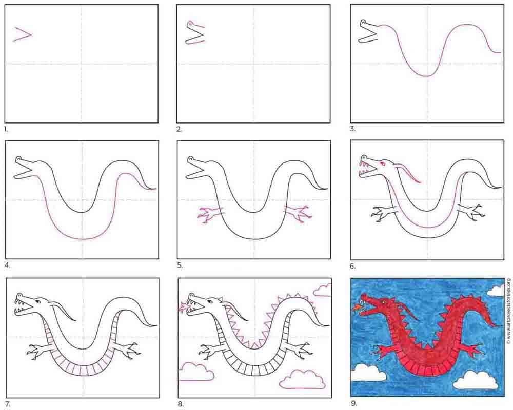 A step by step tutorial for how to draw an easy dragon, also available as a free download.
