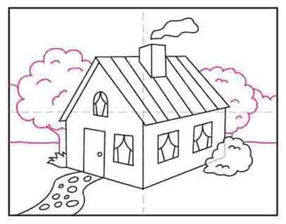 Easy How to Draw a 3D House Tutorial and 3D House Coloring Page