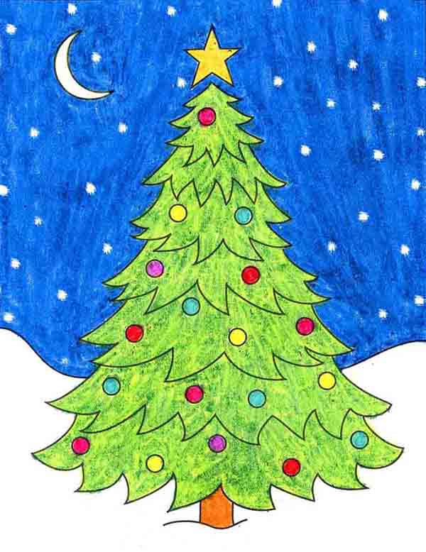 A drawing of a Christmas Tree, made with the help of an easy step by step tutorial.