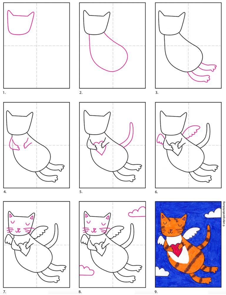 Easy How to Draw a Valentine Cat Tutorial and Coloring Page