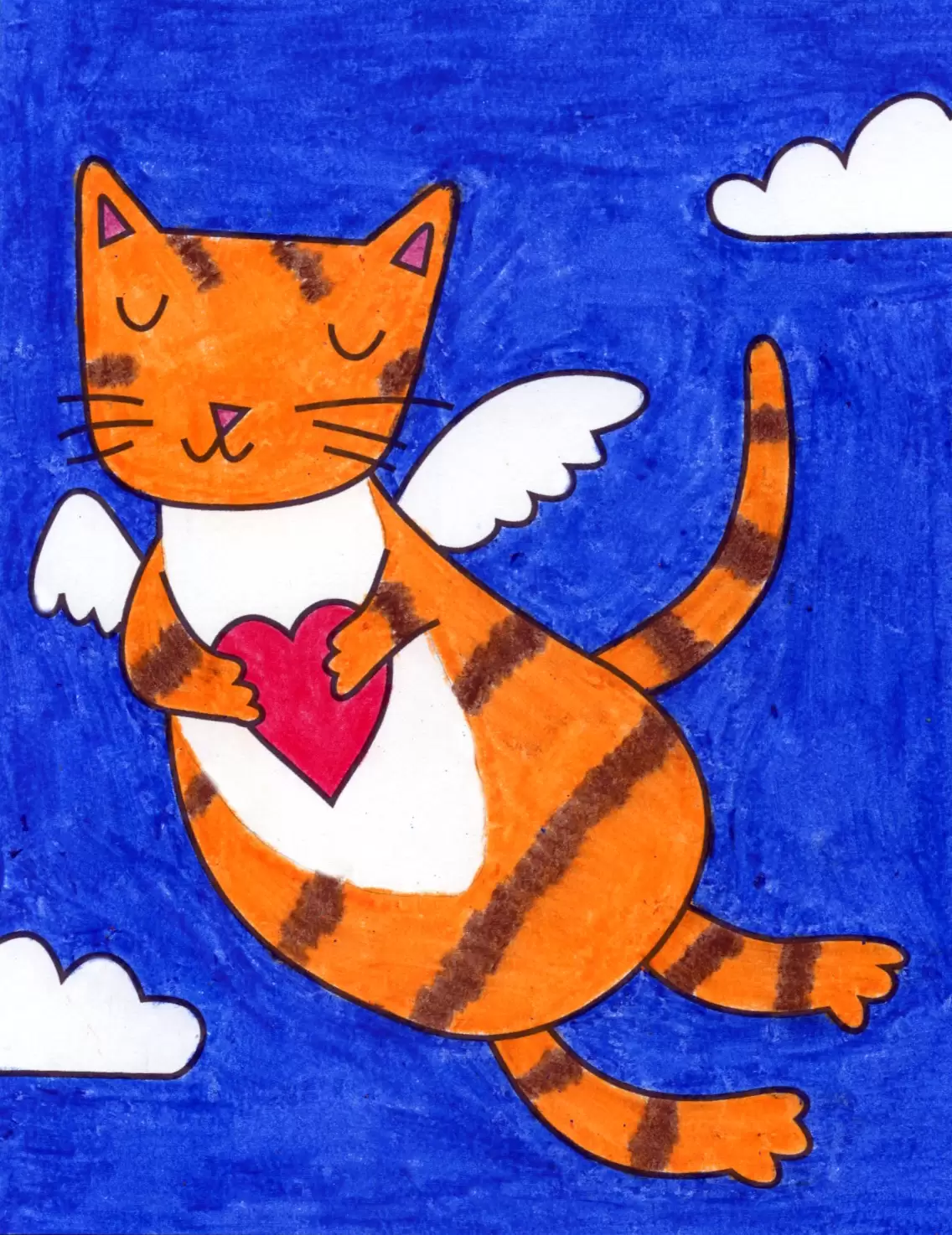 Easy How to Draw a Valentine Cat Tutorial and Valentine Cat Coloring Page