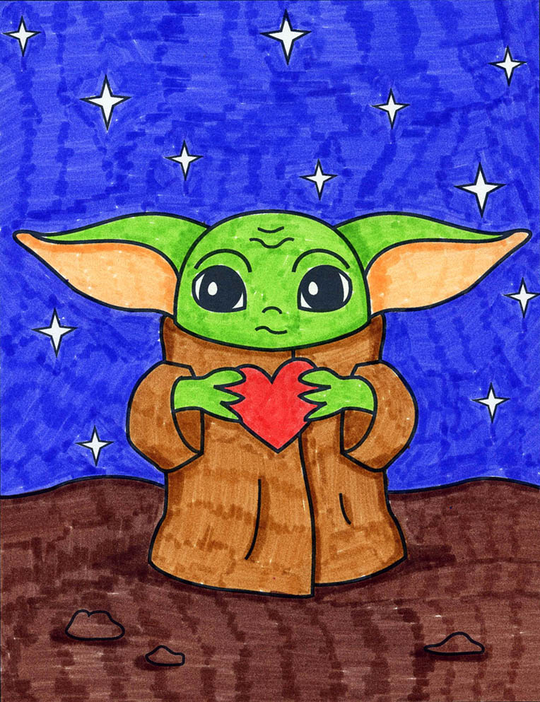 Easy How to Draw a Baby Yoda Valentine Tutorial and Baby Yoda Valentine Coloring Page