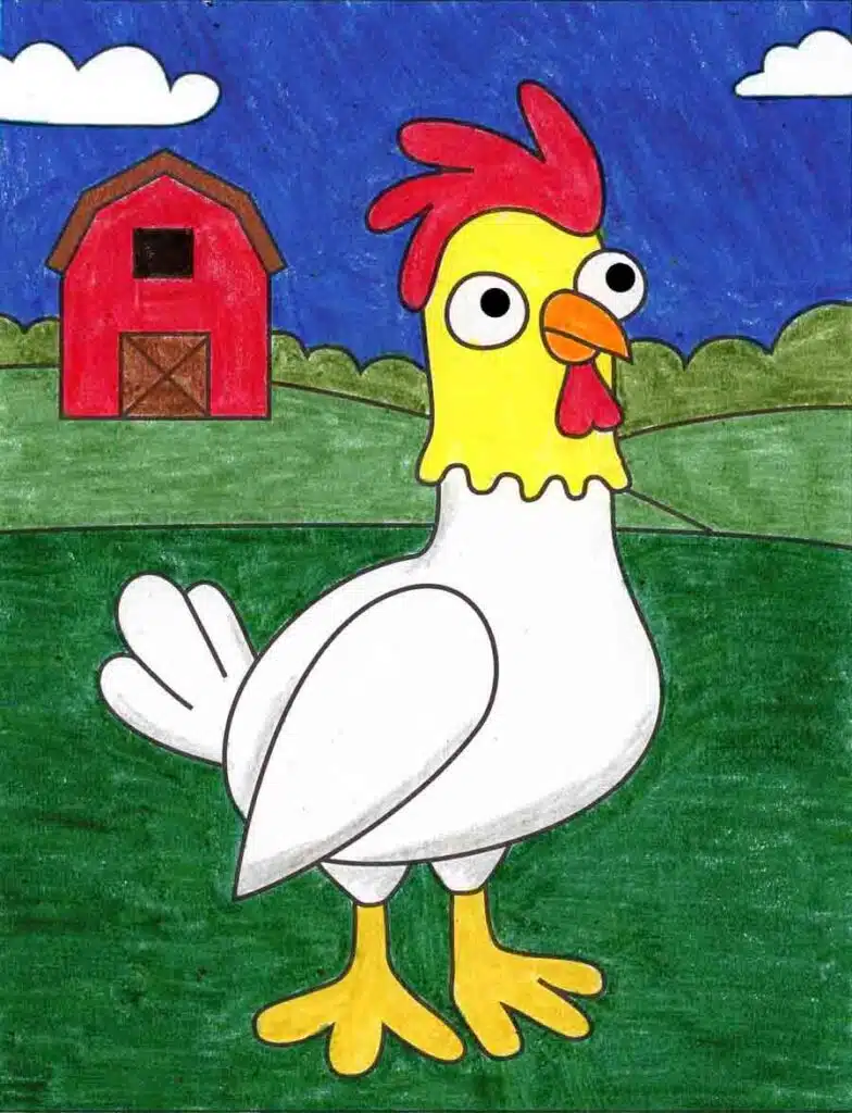 A drawing of a cartoon chicken, made with the help of an easy step by step tutorial. 