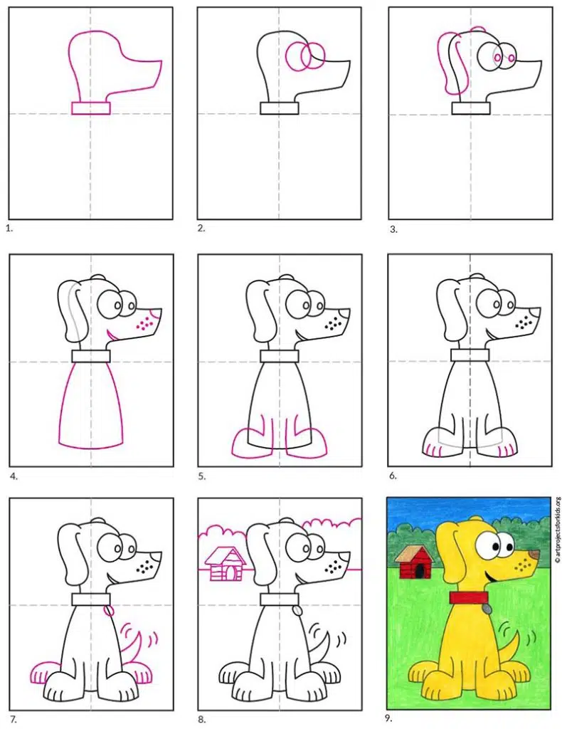 A step by step tutorial for how to draw an easy Cartoon Dog, which is available as a free download.
