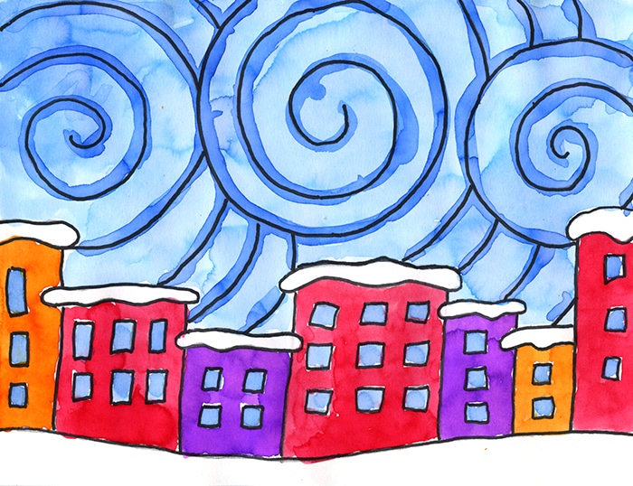 Easy How to make a Snowy City Painting Video and Snowy City Coloring Page