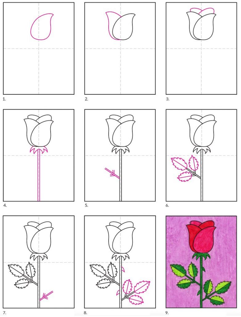 A step by step tutorial for how to draw an easy rose, also available as a free printable.