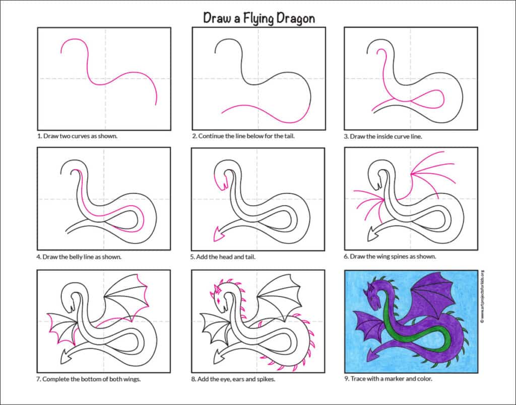 A preview of the step by step tutorial that shares how to draw a flying dragon.