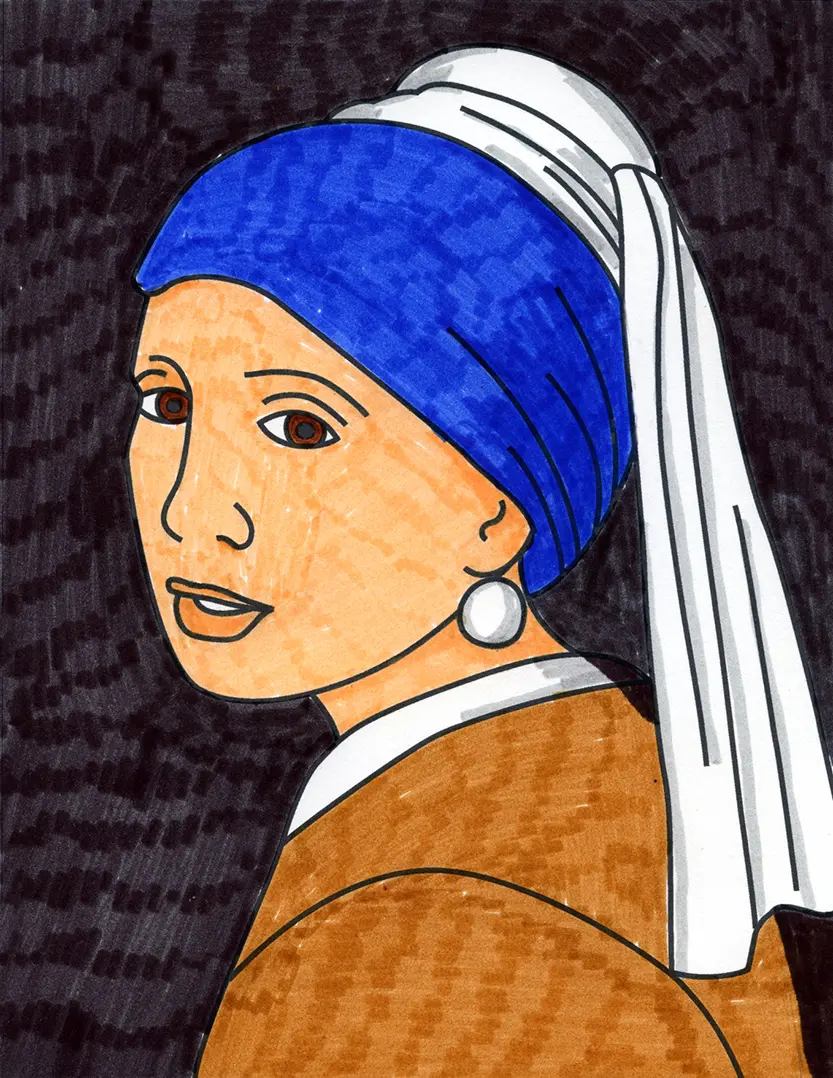 Easy How to Draw the Girl with a Pearl Earring Like Vermeer Tutorial and Girl with a Pearl Earring Coloring Page
