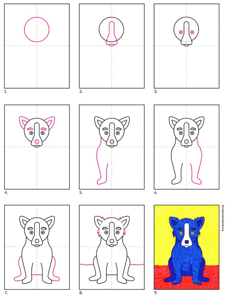 A step by step tutorial for how to draw an easy Blue Dog, also available as a free download.