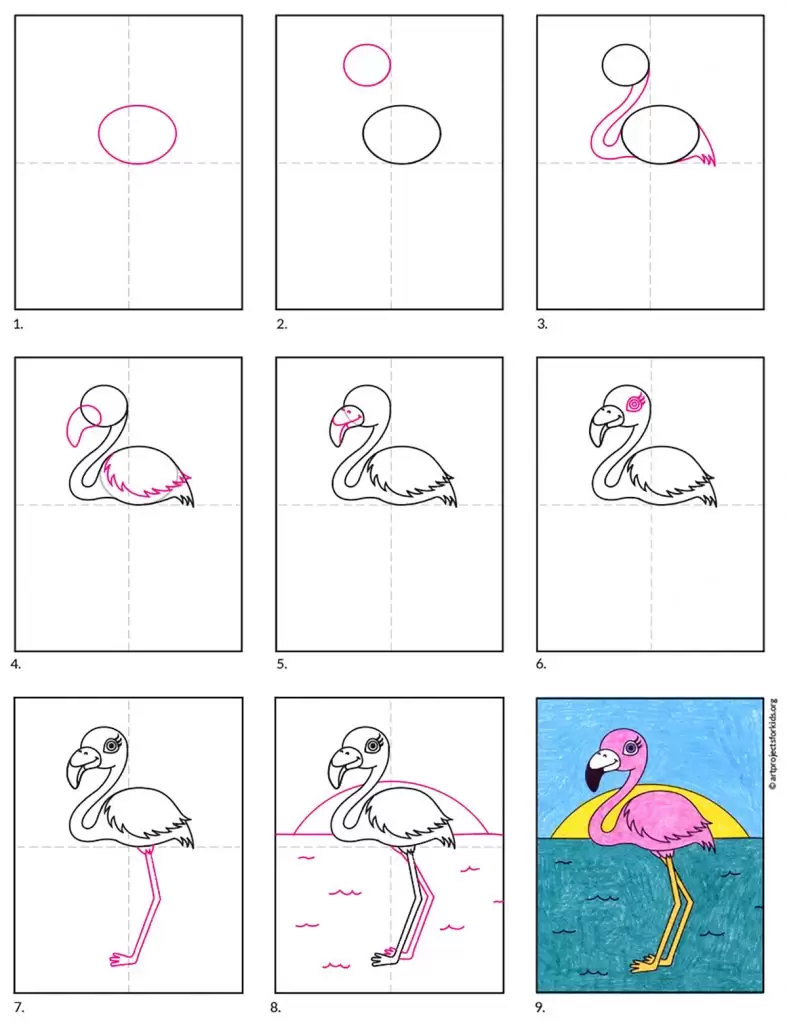 Пошаговое руководство по рисованию простого фламинго, также доступное для бесплатной загрузки.
