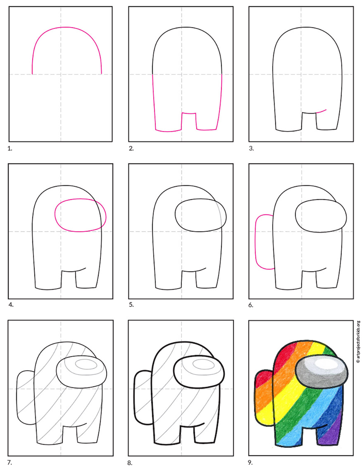 Draw an Among Us Crew Mate, Rainbow Style · Art Projects for Kids