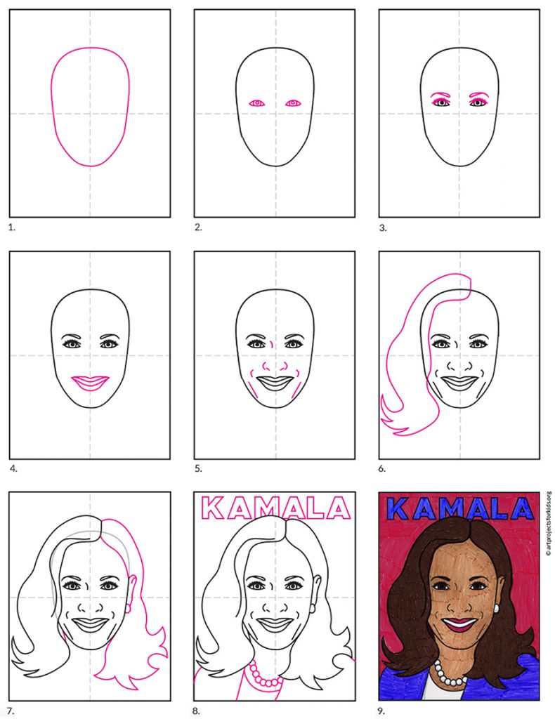 Preview of a step by step tutorial for how to draw Kamala Harris, available as a free PDF.