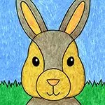 A drawing of a bunny face, made with the help of an easy step by step tutorial. A fun animal drawing for kids project.