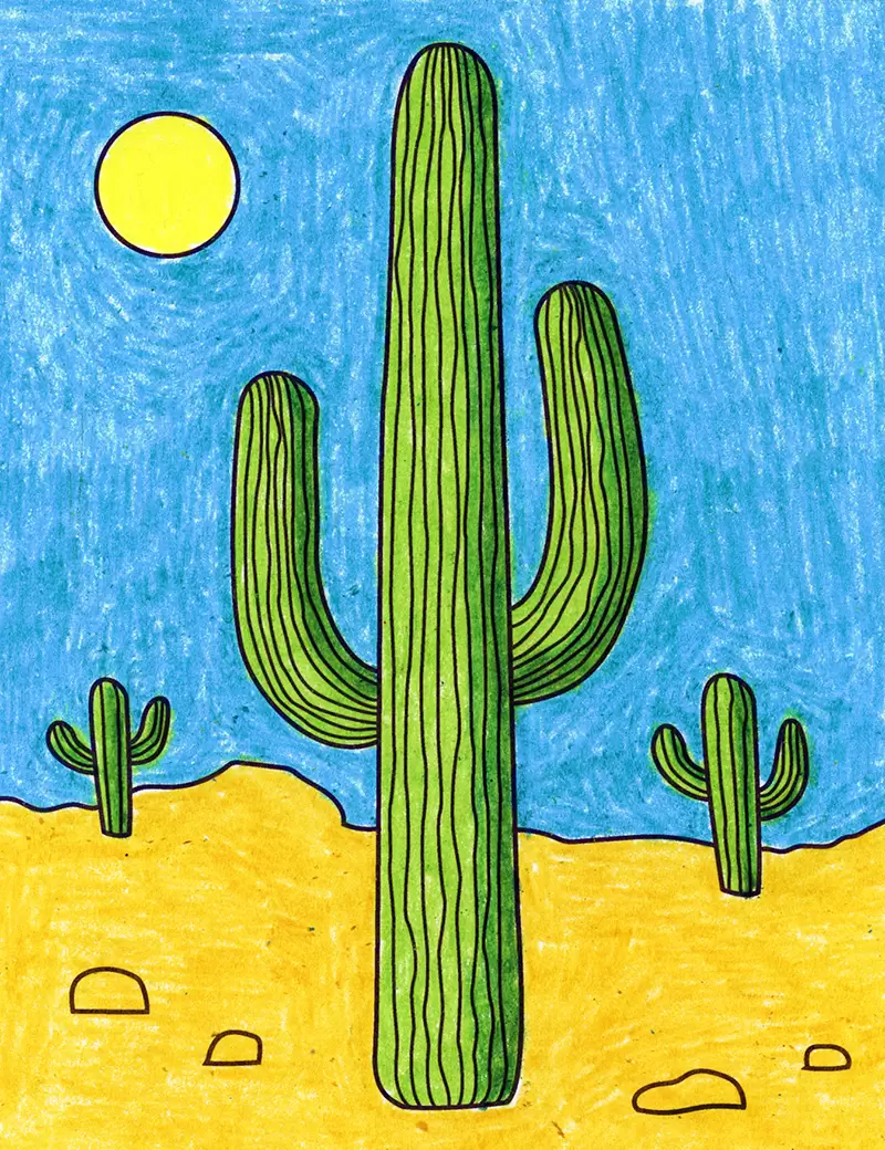 Easy How to Draw Cactus Tutorial and Cactus Coloring Page
