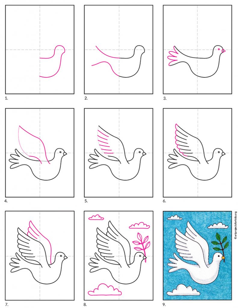 A step by step tutorial for how to draw an easy dove, also available as a free download.