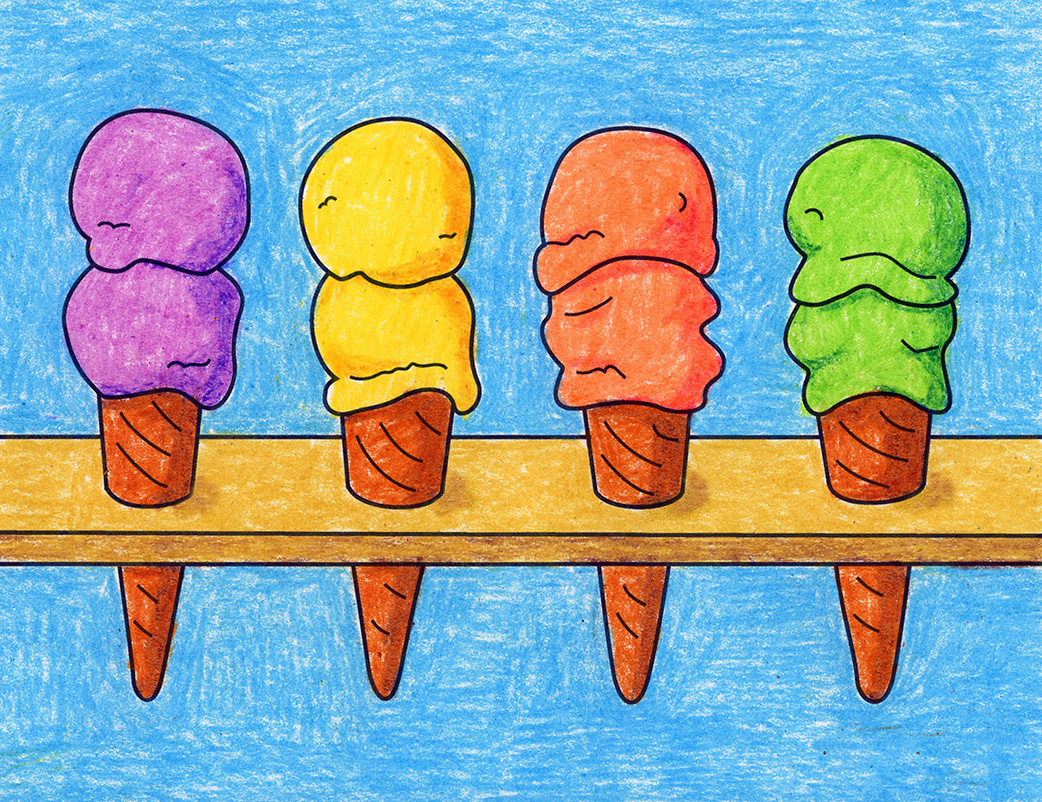 Jednoduché kreslenie kornútov zmrzliny ako návod Wayna Thiebauda