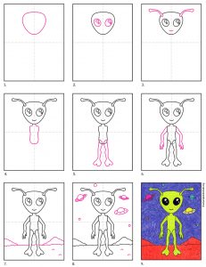 Easy How To Draw An Alien Tutorial And Alien Coloring Page