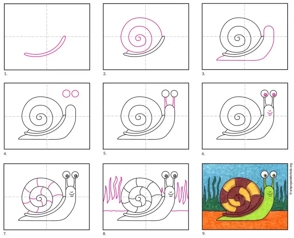 A step by step tutorial for how to draw an easy Snail, also available as a free download.