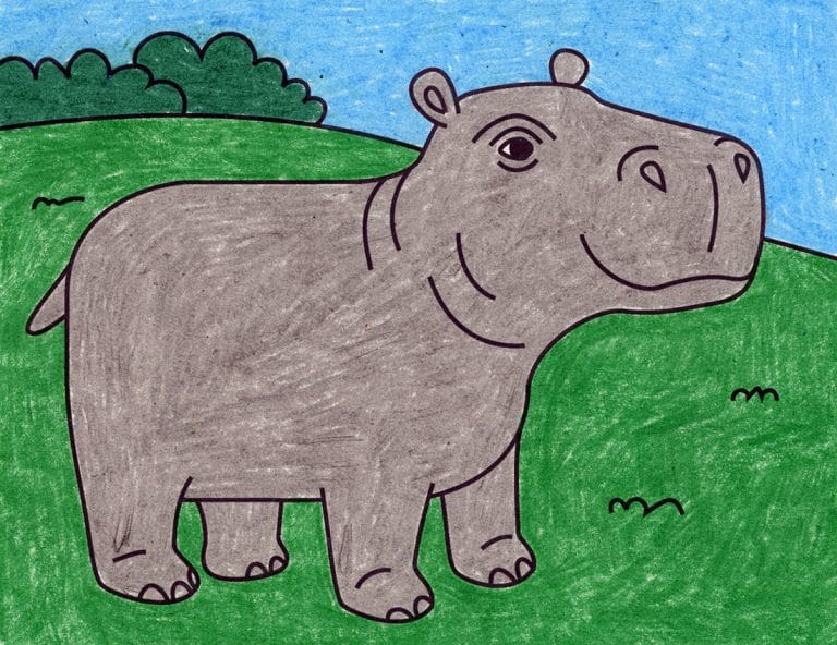 Easy How to Draw a Hippopotamus Tutorial and Easy Hippopotamus Coloring Page