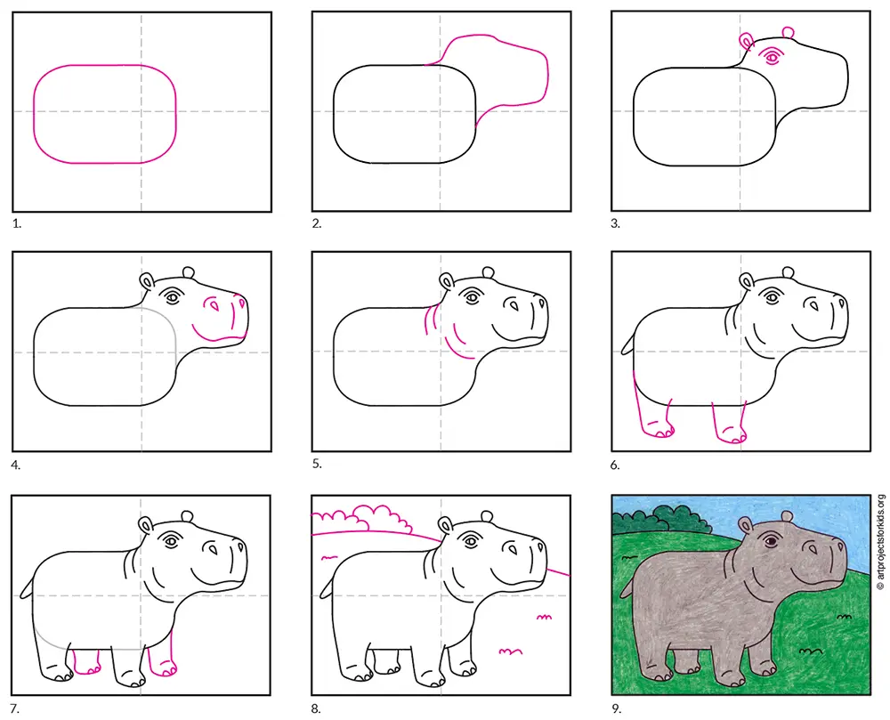 how to draw a Hippopotamus easy