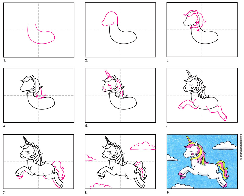 A step by step tutorial for how to draw an easy Unicorn, also available as a free download.