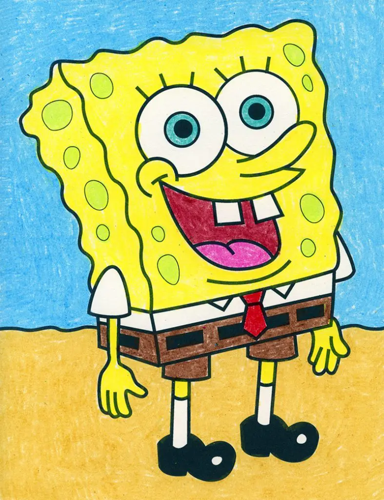 A drawing of SpongeBob SquarePants, made with the help of an easy step by step tutorial.