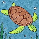 A drawing of a sea turtle, made with the help of an easy step by step tutorial. A fun animal drawing for kids project.