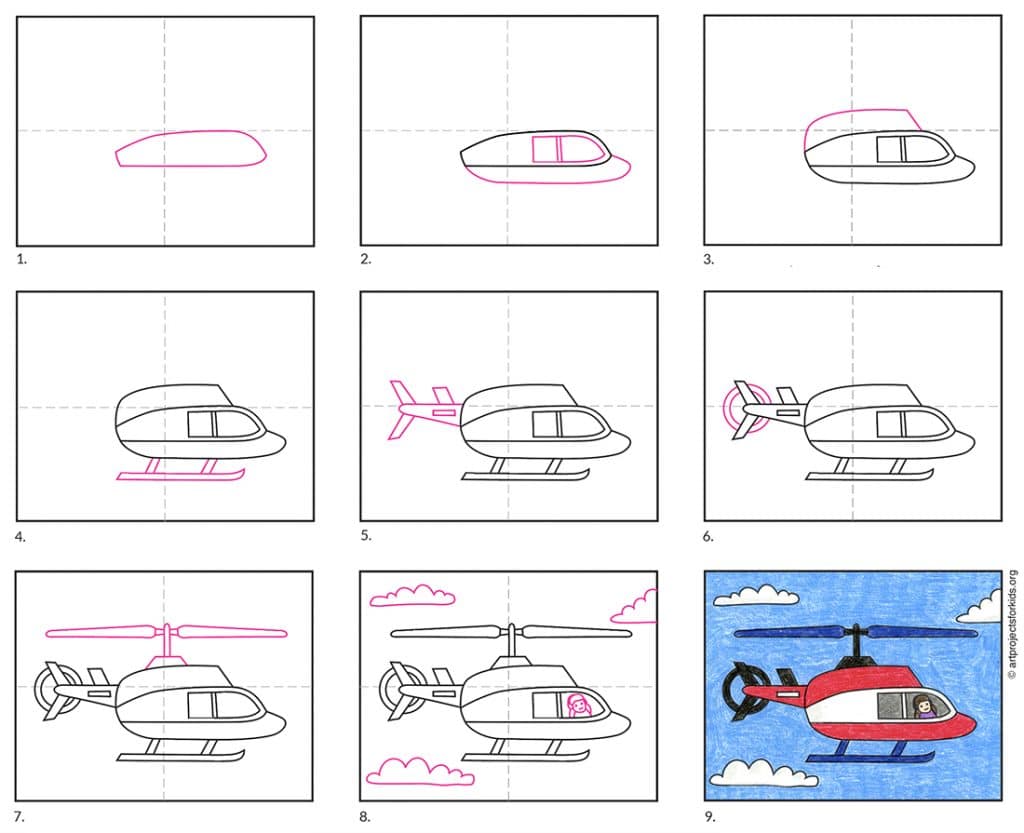 A step by step tutorial for how to draw an easy helicopter, also available as a free download.