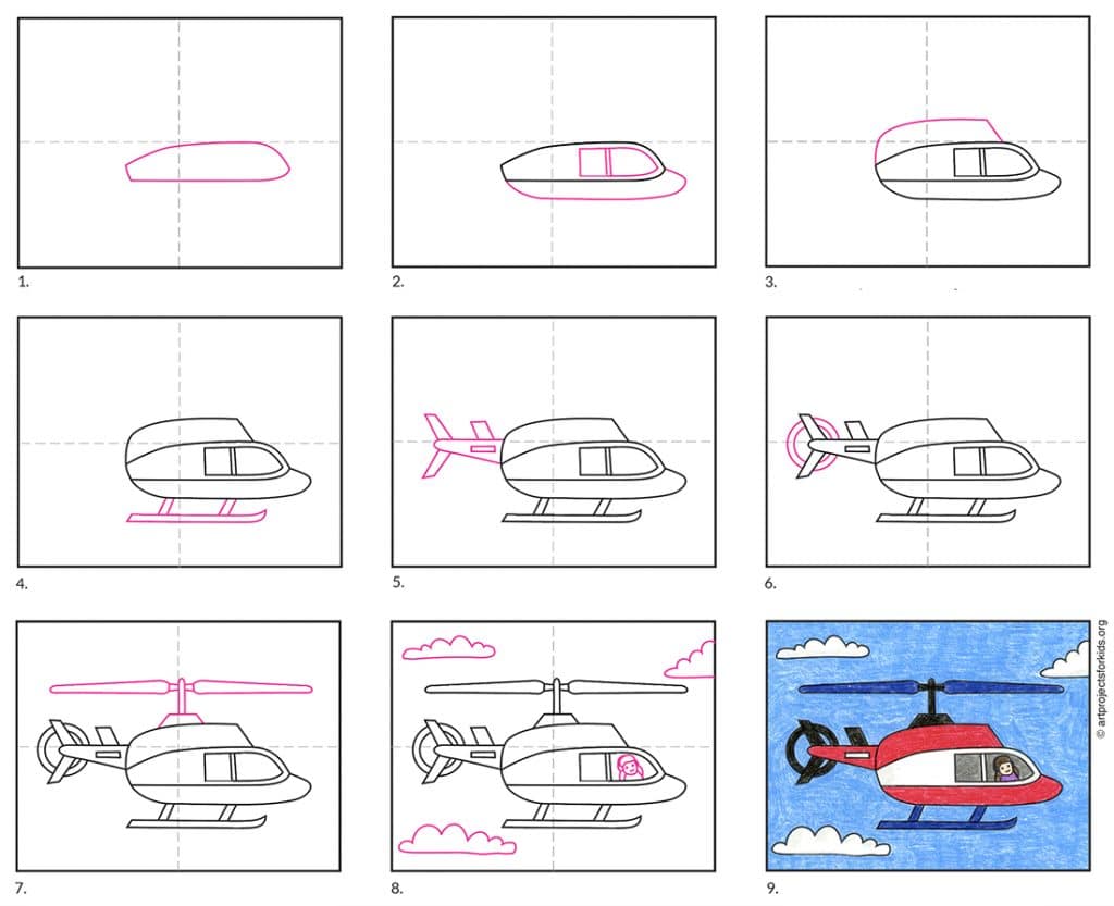 Easy How to Draw a Helicopter Tutorial and Helicopter Coloring Page