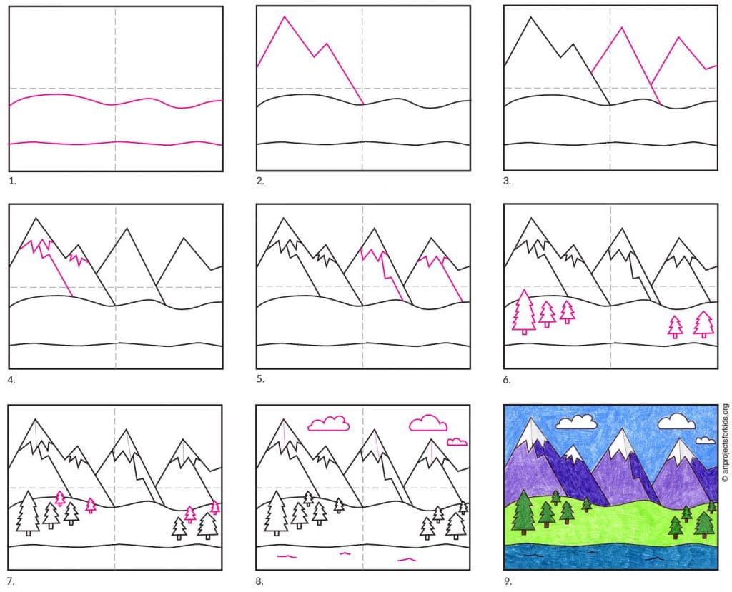 Easy How to Draw Mountains Tutorial and Mountains Coloring Page