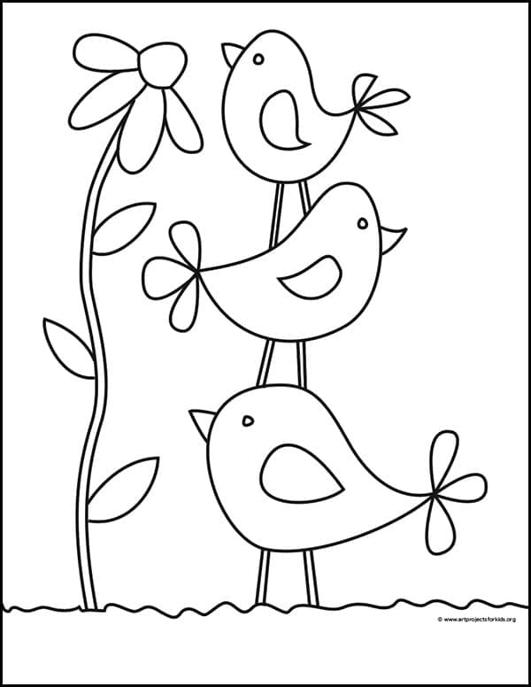 Easy How to Draw Simple Birds Tutorial and Birds Coloring Page