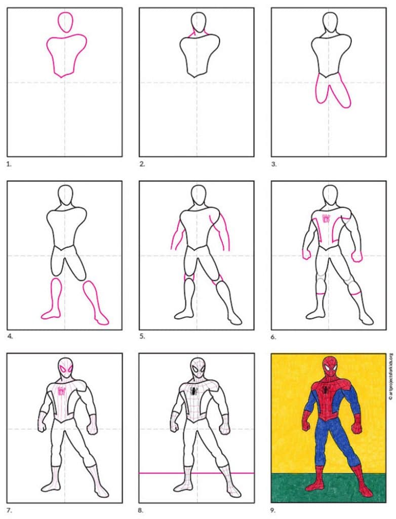 A step by step tutorial for how to draw an easy Spiderman, also available as a free download.