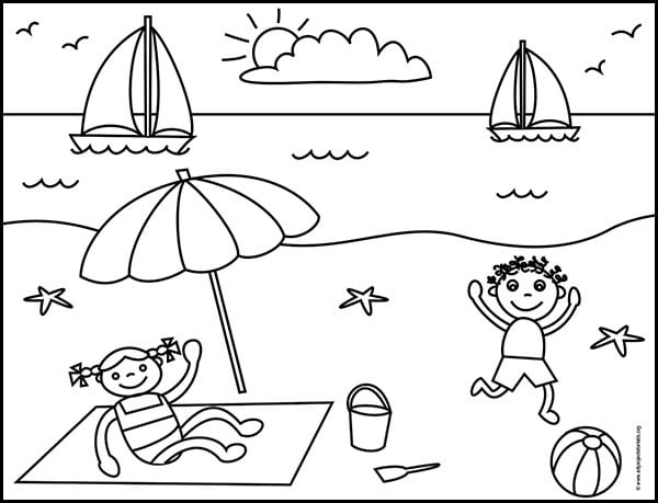 easy how to draw a beach tutorial and beach coloring page art projects for kids